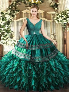 Turquoise Organza Backless Ball Gown Prom Dress Sleeveless Floor Length Beading and Ruffles