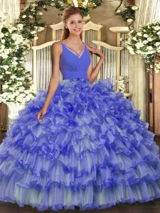 Blue Ball Gowns Organza V-neck Sleeveless Beading and Ruffled Layers Floor Length Backless Sweet 16 Quinceanera Dress