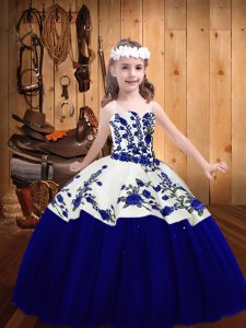 Royal Blue Child Pageant Dress Sweet 16 and Quinceanera with Embroidery Straps Sleeveless Lace Up