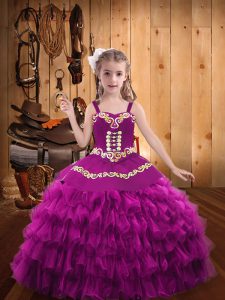 Organza Straps Sleeveless Lace Up Embroidery and Ruffled Layers Custom Made Pageant Dress in Fuchsia