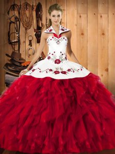 Ball Gowns Ball Gown Prom Dress Red Halter Top Satin and Organza Sleeveless Floor Length Lace Up