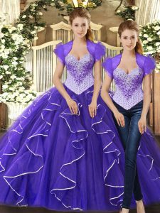 Floor Length Purple Quinceanera Dresses Tulle Sleeveless Beading and Ruffles