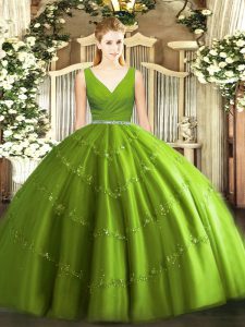 Olive Green Sleeveless Tulle Zipper Sweet 16 Dress for Military Ball and Sweet 16 and Quinceanera