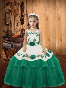 Perfect Turquoise Ball Gowns Straps Sleeveless Organza Floor Length Lace Up Embroidery and Ruffled Layers Little Girl Pageant Dress