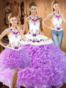 Three Pieces Sweet 16 Dresses Lilac Halter Top Fabric With Rolling Flowers Sleeveless Floor Length Lace Up
