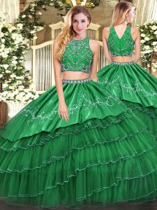 Trendy Green Sleeveless Floor Length Beading and Embroidery and Ruffled Layers Zipper Ball Gown Prom Dress