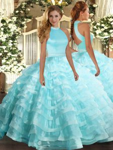 Aqua Blue Ball Gowns Beading and Ruffled Layers Sweet 16 Quinceanera Dress Backless Organza Sleeveless Floor Length