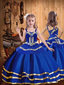 Floor Length Royal Blue Girls Pageant Dresses Organza Sleeveless Beading and Embroidery and Ruffled Layers