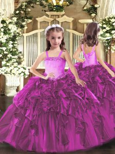 Glorious Fuchsia Ball Gowns Straps Sleeveless Organza Floor Length Lace Up Appliques and Ruffles Pageant Gowns For Girls