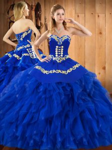 Floor Length Blue Quinceanera Dresses Satin and Organza Sleeveless Embroidery and Ruffles