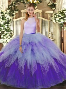 Fancy Multi-color Ball Gowns Tulle High-neck Sleeveless Ruffles Floor Length Backless Quince Ball Gowns