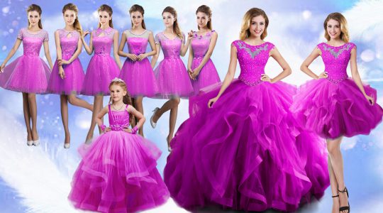 Fuchsia Quinceanera Dress Military Ball and Sweet 16 and Quinceanera with Beading and Ruffles Scoop Sleeveless Lace Up