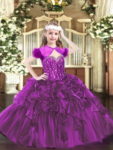 Floor Length Lace Up Little Girls Pageant Dress Wholesale Fuchsia for Party and Quinceanera with Beading and Ruffles