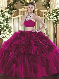 Charming Fuchsia Two Pieces Beading and Ruffles Sweet 16 Dress Backless Tulle Sleeveless Floor Length