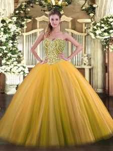 Fine Gold Ball Gowns Beading 15 Quinceanera Dress Lace Up Tulle Sleeveless Floor Length