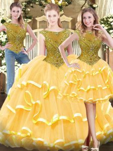 Dynamic Sleeveless Floor Length Beading and Ruffled Layers Zipper Sweet 16 Dresses with Gold
