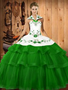 Green Ball Gowns Organza Halter Top Sleeveless Embroidery and Ruffled Layers Lace Up Sweet 16 Quinceanera Dress Sweep Train