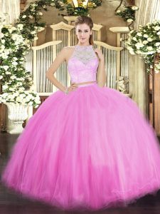 Rose Pink Zipper Quinceanera Dresses Lace Sleeveless Floor Length