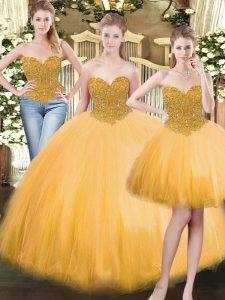 Beauteous Gold Tulle Lace Up Sweetheart Sleeveless Floor Length Sweet 16 Dress Beading