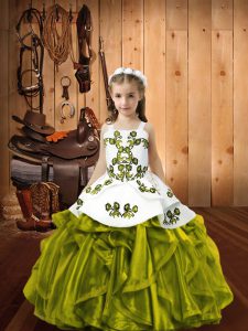 Discount Olive Green Ball Gowns Straps Sleeveless Organza Floor Length Lace Up Embroidery and Ruffles Child Pageant Dress