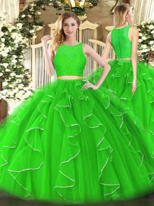 Best Green Zipper Scoop Lace and Ruffles 15 Quinceanera Dress Organza Sleeveless