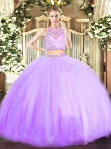 Noble Lavender Two Pieces Beading Quinceanera Dress Zipper Tulle Sleeveless Floor Length