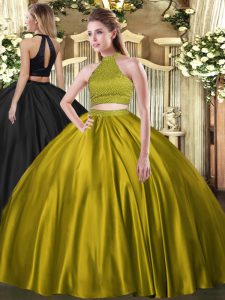 Brown Quince Ball Gowns Military Ball and Sweet 16 and Quinceanera with Beading Halter Top Sleeveless Backless