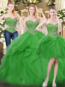 Dramatic Green Ball Gowns Tulle Sweetheart Sleeveless Beading and Ruffles Floor Length Lace Up 15th Birthday Dress