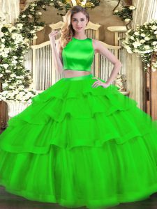 Vintage Green Quinceanera Dress Military Ball and Sweet 16 and Quinceanera with Ruffled Layers High-neck Sleeveless Criss Cross