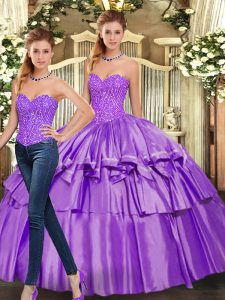 Eggplant Purple Organza Lace Up Quinceanera Dress Sleeveless Floor Length Beading and Ruffled Layers
