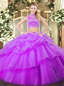 Eggplant Purple Ball Gowns High-neck Sleeveless Tulle Floor Length Backless Beading and Ruffles and Pick Ups Quinceanera Gowns