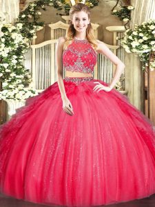 Adorable Scoop Sleeveless Zipper 15 Quinceanera Dress Red Tulle