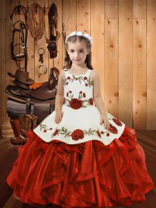 Red Ball Gowns Ruffles Pageant Dress for Girls Lace Up Organza Sleeveless Floor Length