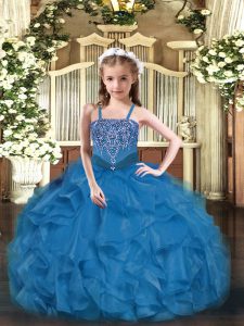 Blue Sleeveless Organza Lace Up Little Girl Pageant Gowns for Party and Quinceanera