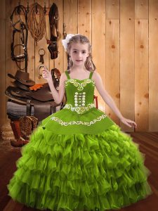 Embroidery and Ruffled Layers Kids Formal Wear Olive Green Lace Up Sleeveless Floor Length