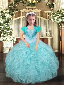 Fantastic Aqua Blue and Apple Green Lace Up Straps Beading and Ruffles Little Girls Pageant Dress Wholesale Organza Sleeveless