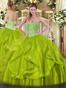 Modest Yellow Green Lace Up Vestidos de Quinceanera Ruffles Sleeveless Floor Length