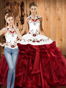 Cute Wine Red Halter Top Neckline Embroidery and Ruffles Sweet 16 Dresses Sleeveless Lace Up