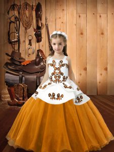New Style Floor Length Lace Up Pageant Dress Toddler Orange for Sweet 16 and Quinceanera with Embroidery