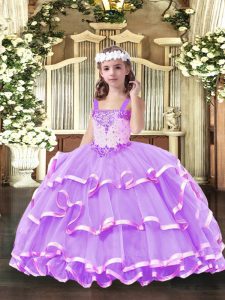 Stunning Lilac Little Girl Pageant Dress Party and Quinceanera with Beading and Ruffled Layers Straps Sleeveless Lace Up