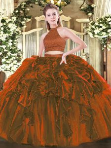 Lovely Brown Organza Backless Halter Top Sleeveless Floor Length Quinceanera Dress Beading and Ruffles