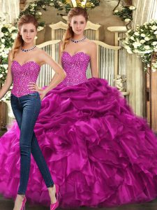 Fantastic Fuchsia Two Pieces Sweetheart Sleeveless Organza Floor Length Lace Up Beading and Ruffles Quinceanera Gowns