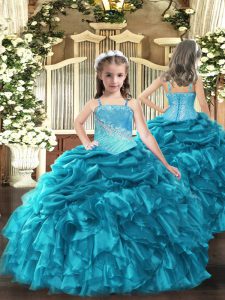 Teal Sleeveless Embroidery and Ruffles Floor Length Little Girls Pageant Dress Wholesale