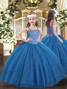 Classical Blue Straps Lace Up Beading Little Girl Pageant Gowns Sleeveless