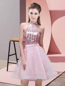 Traditional Pink A-line Sequins Damas Dress Backless Chiffon Sleeveless Mini Length