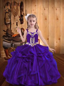 Hot Selling Purple Sleeveless Floor Length Embroidery and Ruffles Lace Up Pageant Dress Toddler