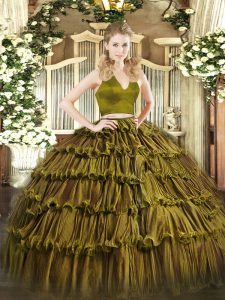 Olive Green Sleeveless Floor Length Ruffled Layers Zipper Quince Ball Gowns
