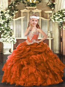 Floor Length Lace Up Little Girls Pageant Dress Wholesale Rust Red for Party with Beading and Ruffles and Pick Ups