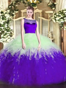 Sleeveless Tulle Floor Length Zipper Quinceanera Gown in Multi-color with Beading and Ruffles