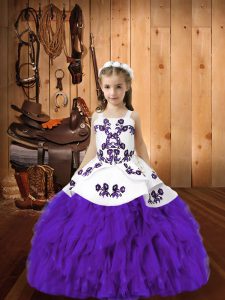 Eggplant Purple Little Girls Pageant Dress Sweet 16 and Quinceanera with Embroidery and Ruffles Straps Sleeveless Lace Up